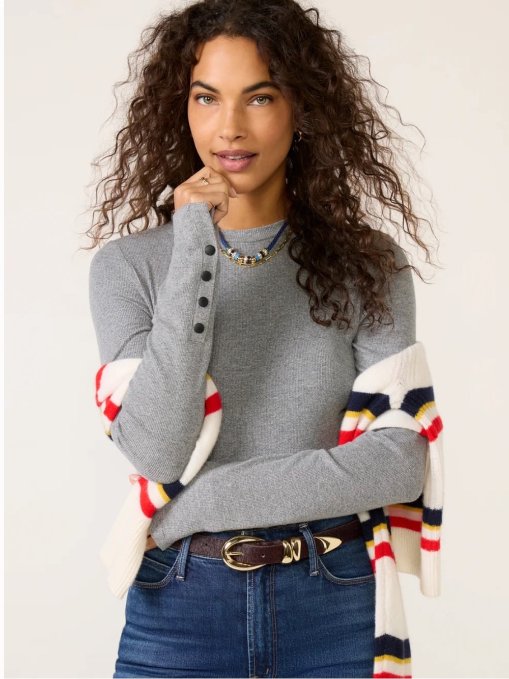 NWT LNA Rilo Ribbed Snap Long Sleeve Top Heather Gray Size Large Evereve